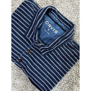 Orvis Mens Long Sleeve Polo Shirt Blue Striped Cotton Extra Large Light Weight